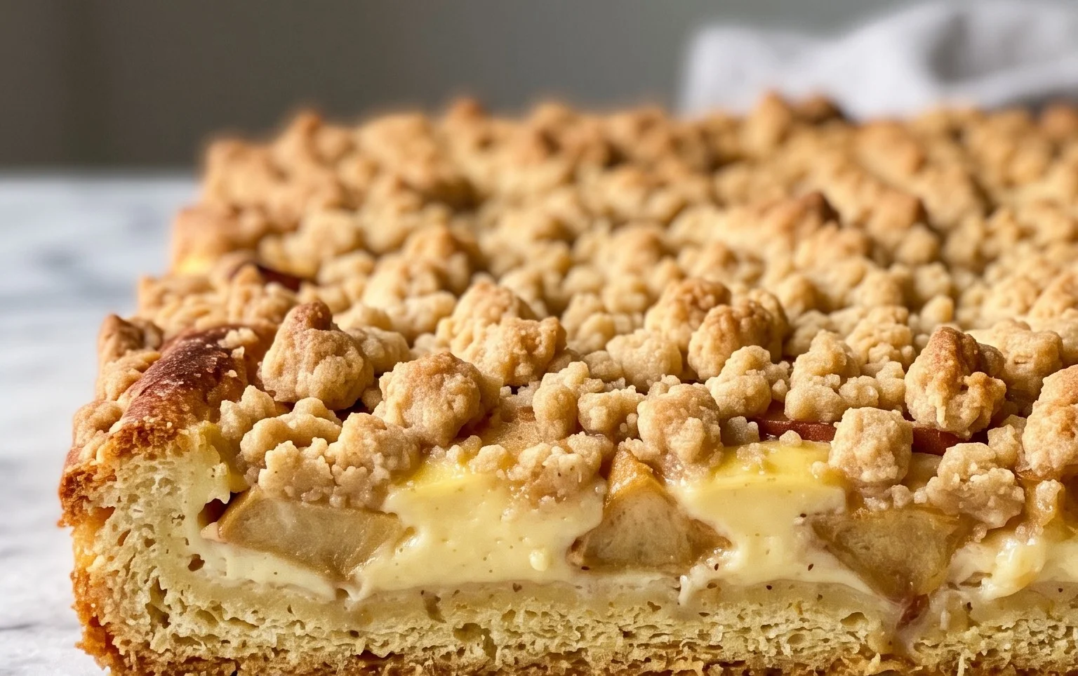 Apfelkuchen Blech: Cremiger Pudding & knusprige Streusel